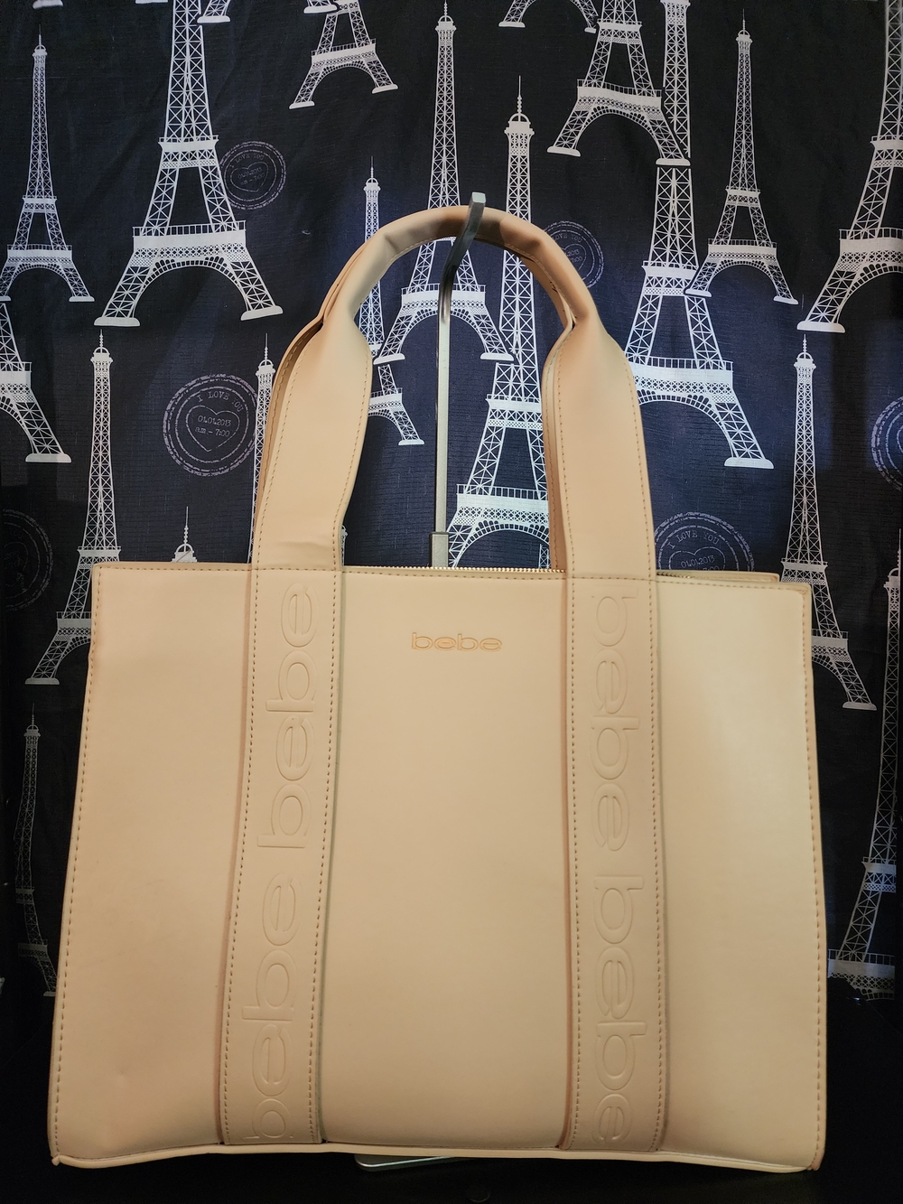Bebe Cream Structured Tote with Embossed Logo Straps